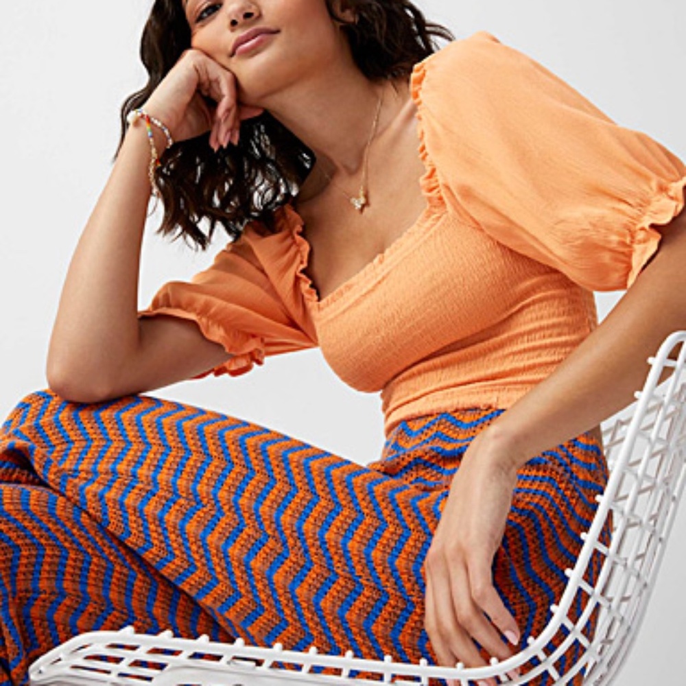 Pastel orange boho retro puff sleeve smocked cropped peasant blouse NWT
